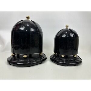 Maitland Smith Tessellated Black Stone Marble Dome Box Set 2 Brass Finial Large
